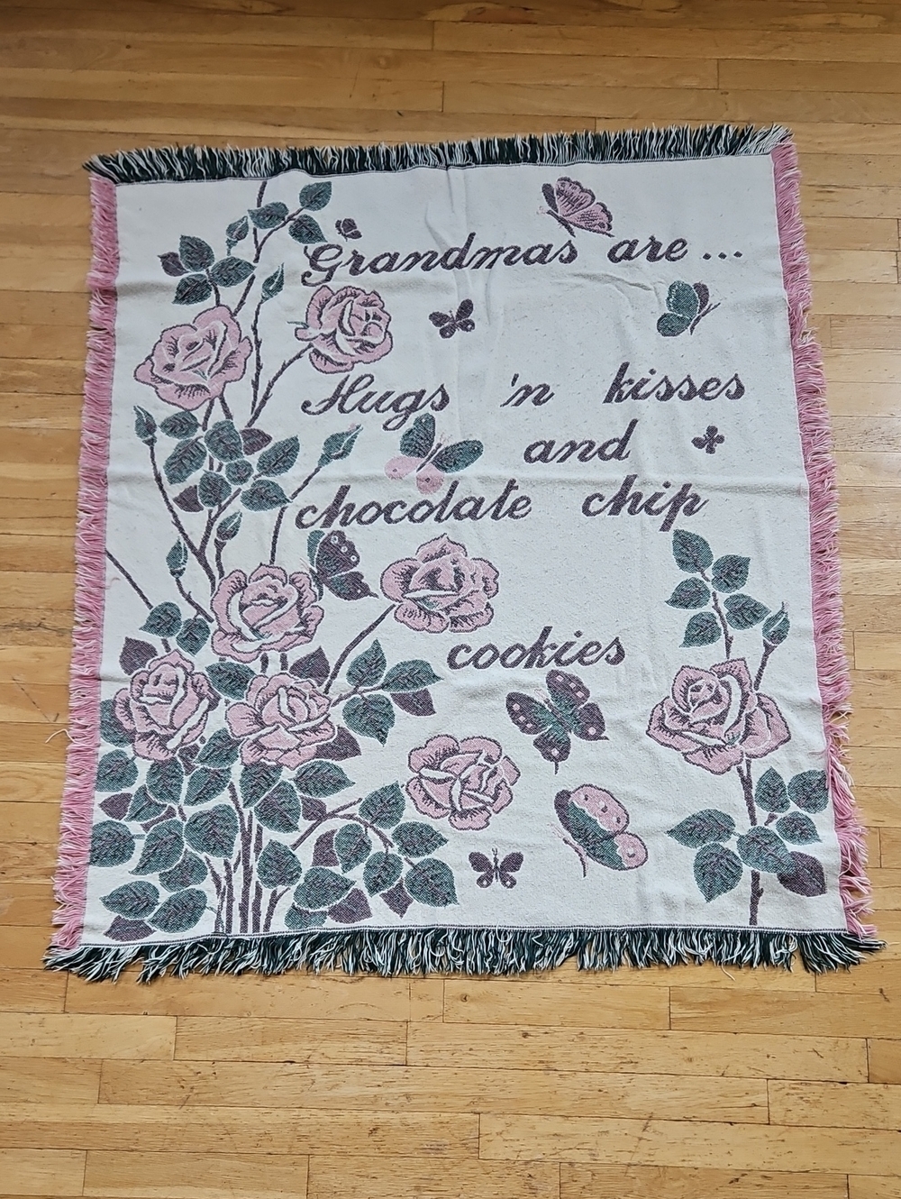 Grandma Throw Blanket with Pink Roses and Green Leaves